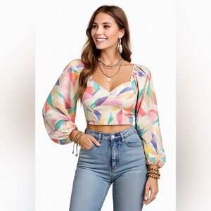 NWT Luna Skye Puff Sleeve Cropped Top Small Indie Art Dopamine Dressing Boho